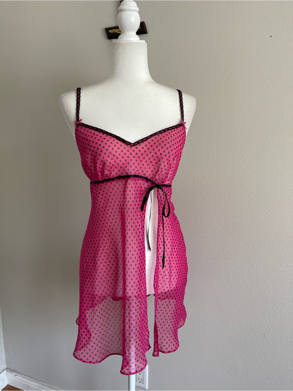 Secret Treasures Pink Polka Dot Sheer Chemise with Black Trim